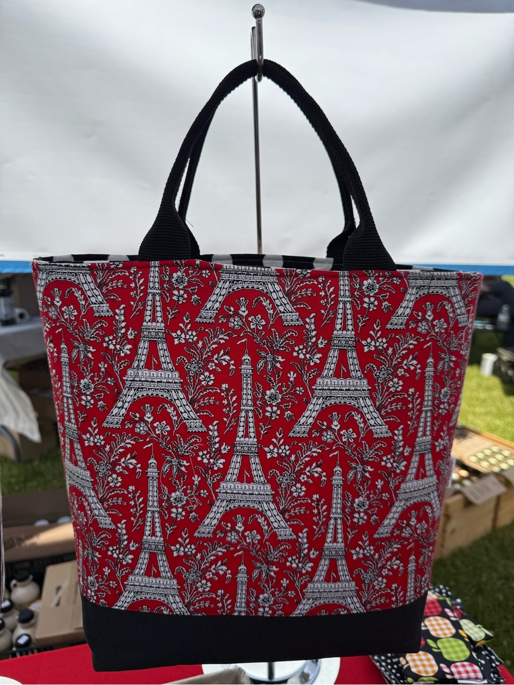 Red Eiffel Tower Pattern Tote Bag with Black Handles
